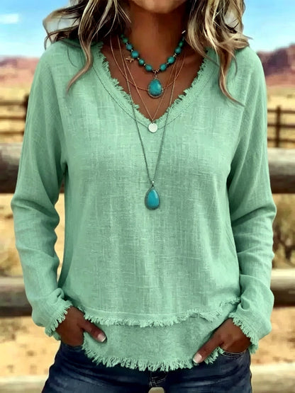Women's Solid-Color V-Neck Relaxed-Fit Long-Sleeve T-Shirt in Green - product view