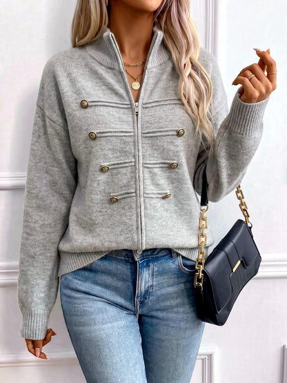 Women's Knit Stand-Collar Zip-Front Cardigan in Gray - product view