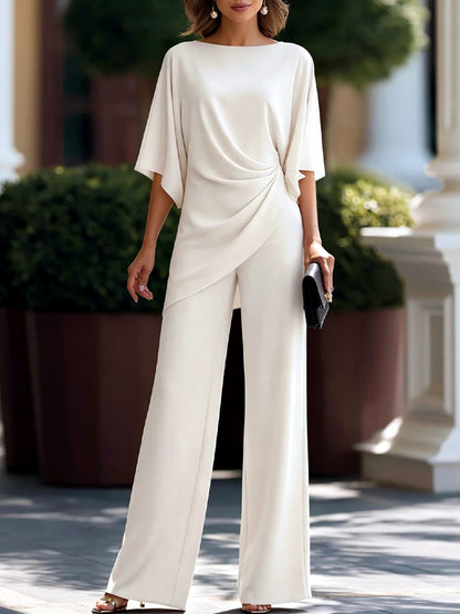 Solid-Color Relaxed-Fit Batwing-Sleeve High-Waist Top & Pants Set in Apricot - product view