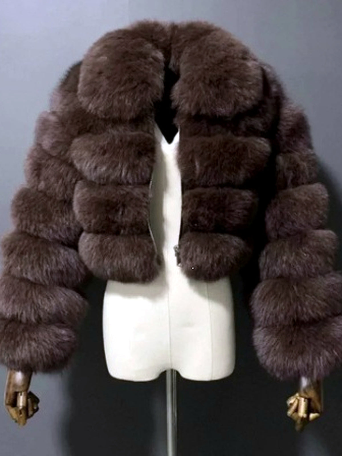Women's Faux-Fur Point-Collar Stand-Collar Patchwork Long-Sleeve Coat in Coffee Brown - product view