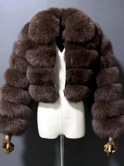 Women's Faux-Fur Point-Collar Stand-Collar Patchwork Long-Sleeve Coat in Coffee Brown - product view
