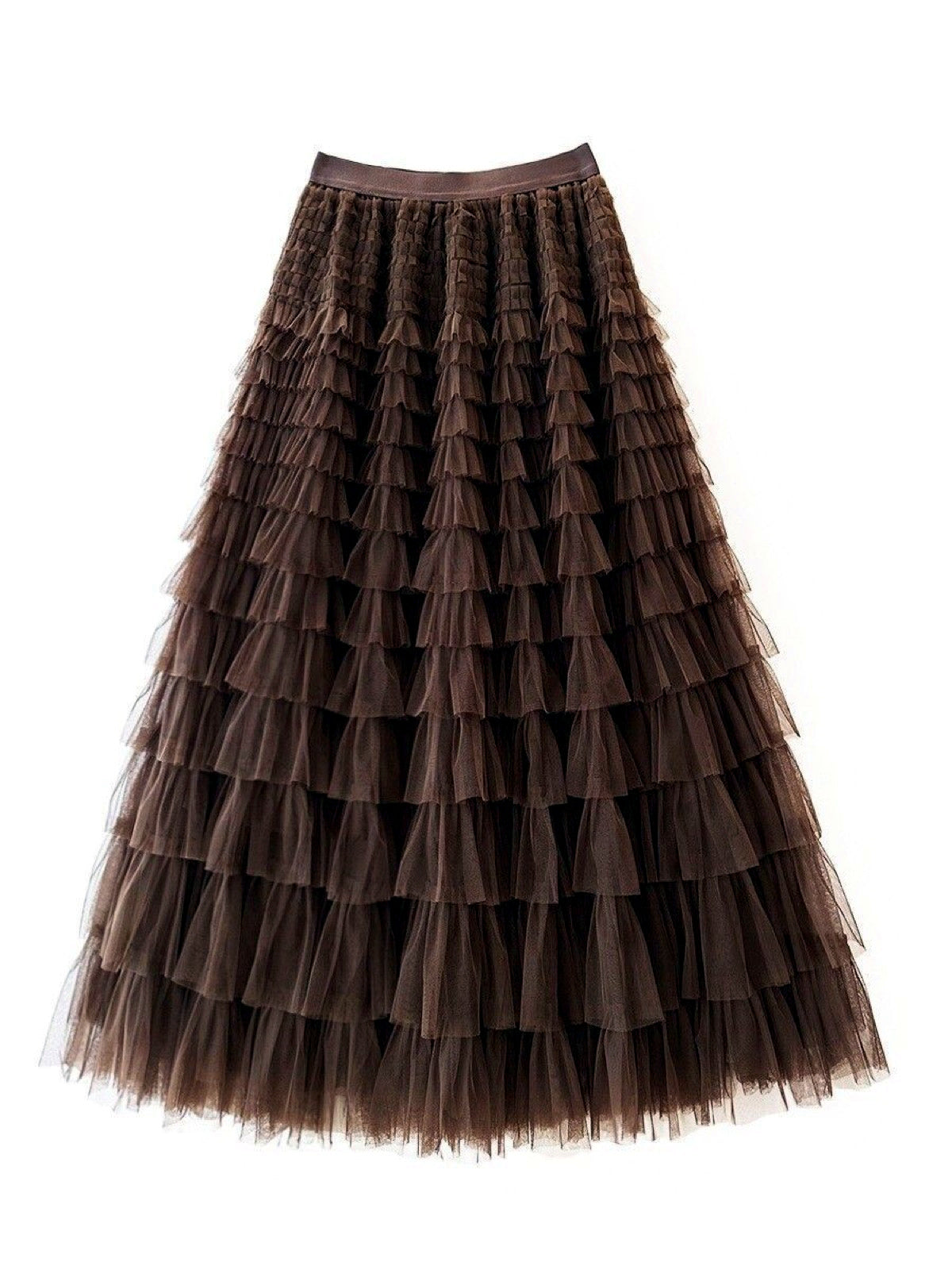 Women's Solid-Color Patchwork Longline Stretch Midi High-Waist Skirt in Coffee Brown - product view