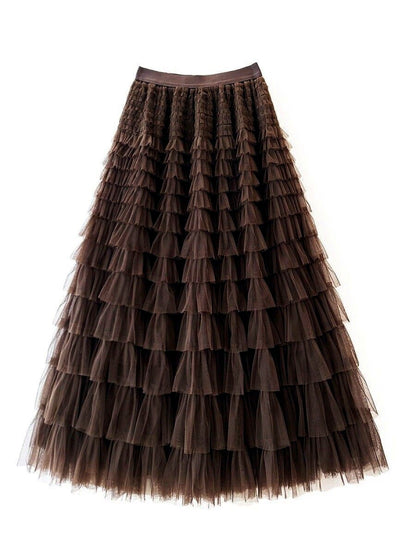 Women's Solid-Color Patchwork Longline Stretch Midi High-Waist Skirt in Coffee Brown - product view