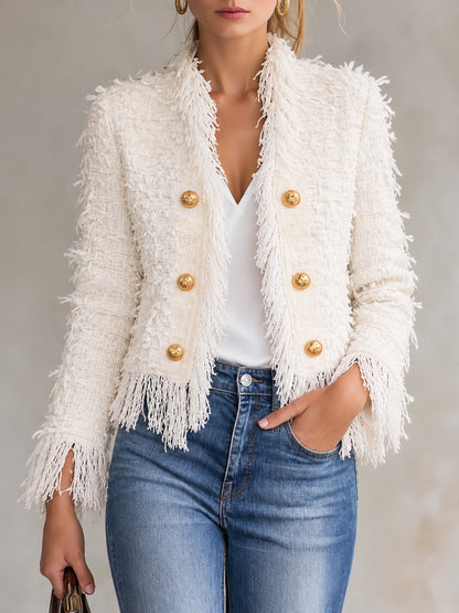 Tweed-Texture Fringe-Trim Cropped Blazer