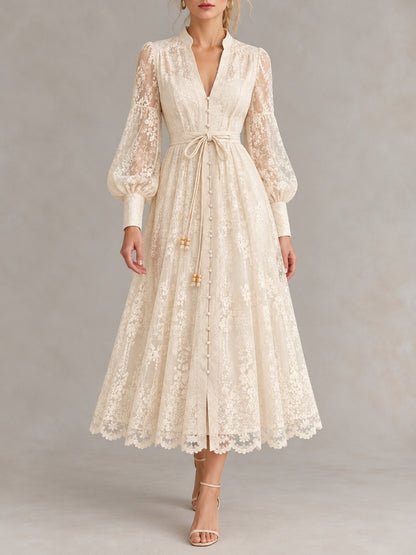 Women's Solid-Color V-Neck Lace-Trim Long-Sleeve Puff-Sleeve Dress