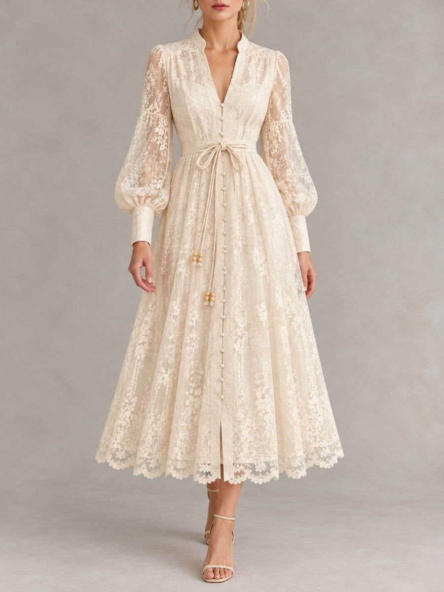Women's Solid-Color V-Neck Lace-Trim Long-Sleeve Puff-Sleeve Dress