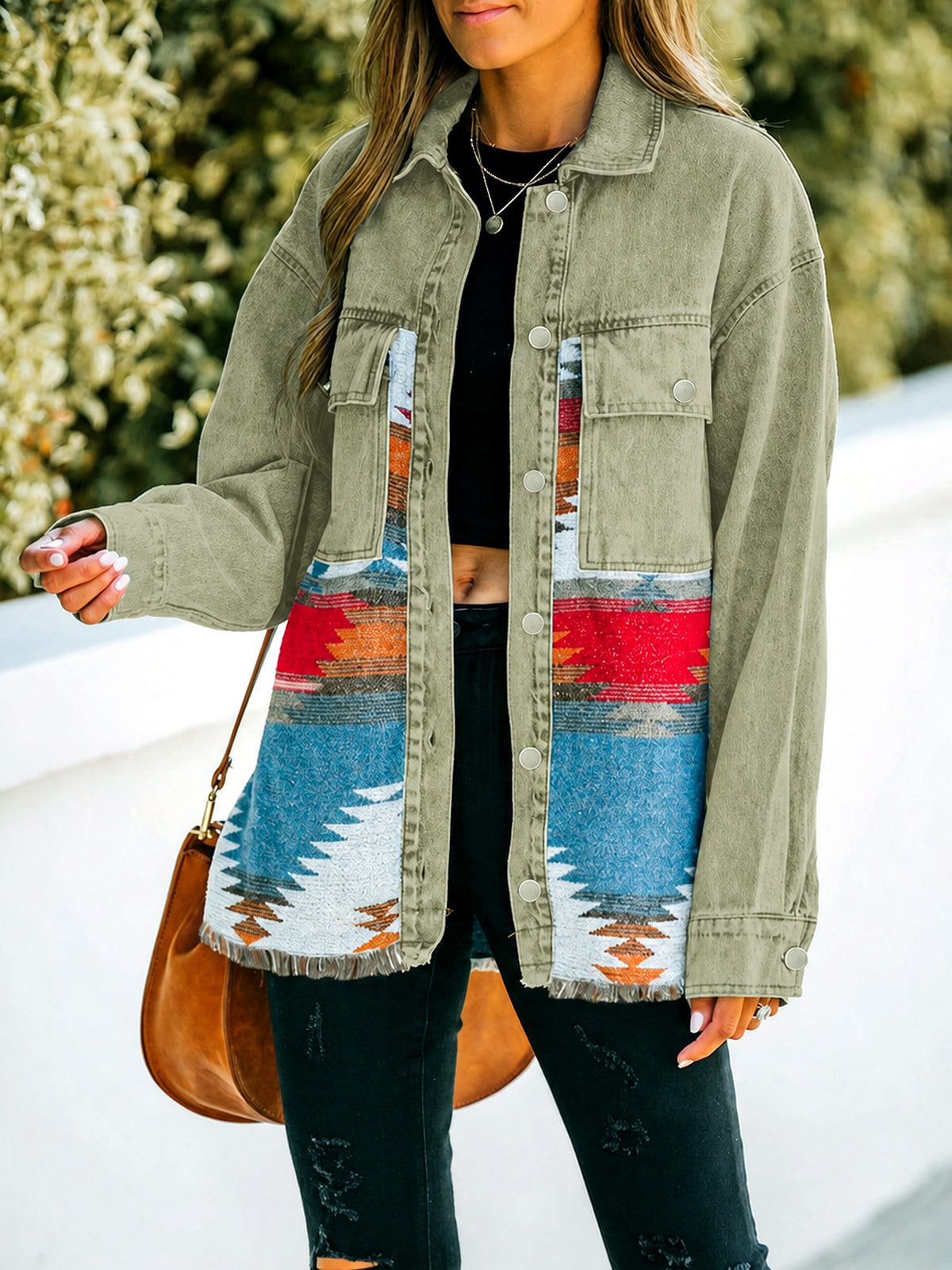 Women's Long Sleeve Open Front Blazer Cardigan Solid Color Casual Denim Raw-Hem Mid-Length Jacket in Pink - product view