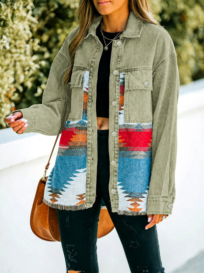 Women's Long Sleeve Open Front Blazer Cardigan Solid Color Casual Denim Raw-Hem Mid-Length Jacket in Pink - product view