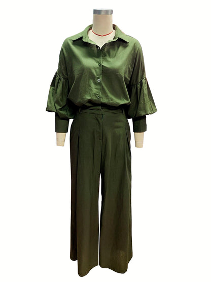 Linen-Blend Solid-Color Patchwork Long-Sleeve Wide-Leg Top & Pants Set - product detail view 1