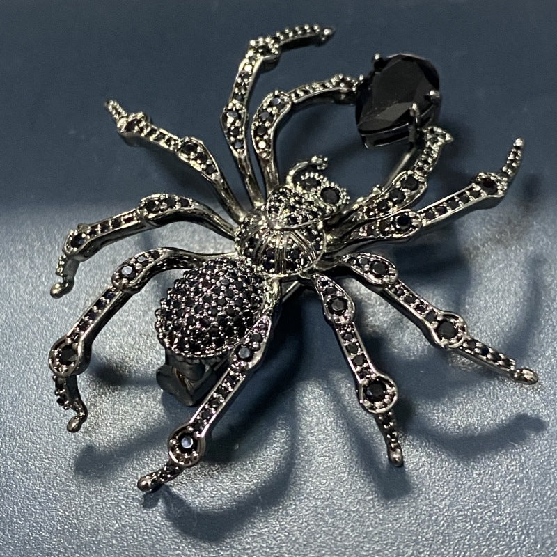 Shiny zircon spider brooch, gold, black spider jewelry with gift box