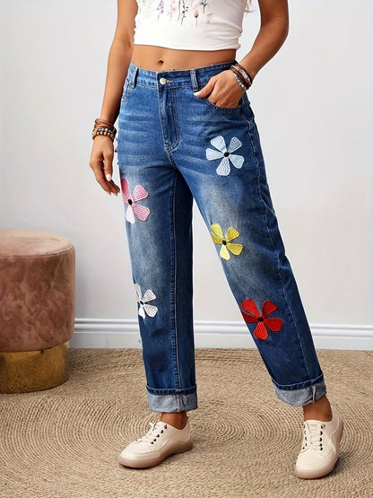Women's Embroidered Straight Jeans, High Waist Stretch Denim Pants with Rolled Cropped Hem