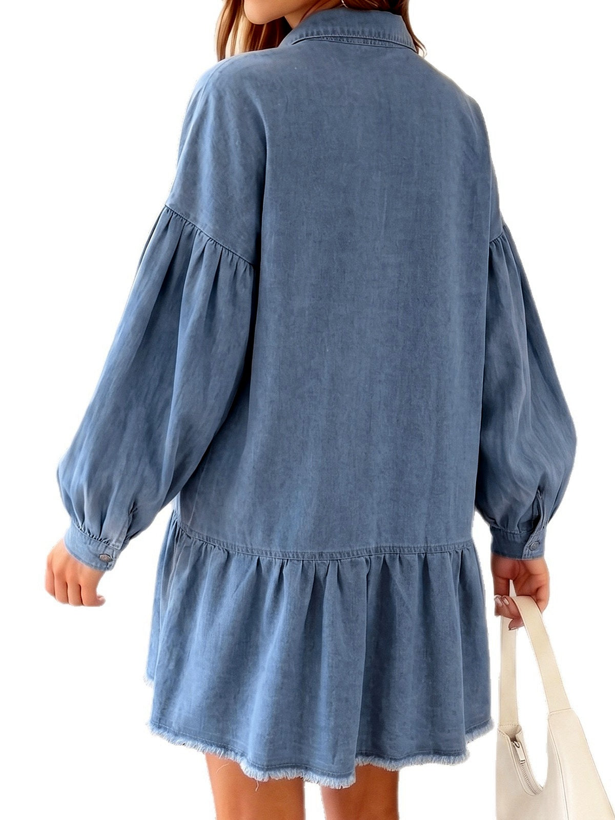 Women's Washed Denim Shirt Dress, Long Sleeve Button Front Loose Midi Dress with Lantern Sleeves