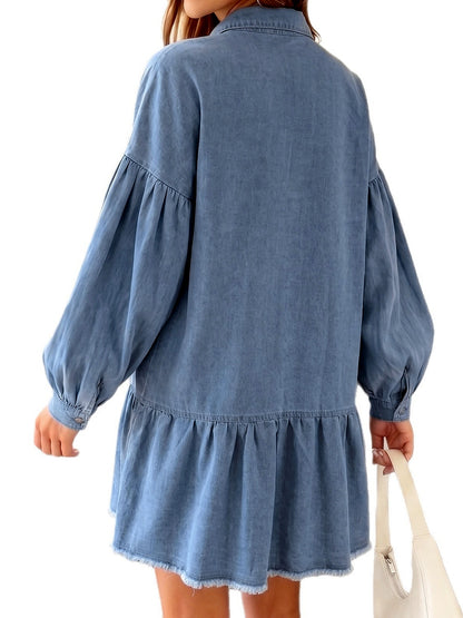 Women's Washed Denim Shirt Dress, Long Sleeve Button Front Loose Midi Dress with Lantern Sleeves