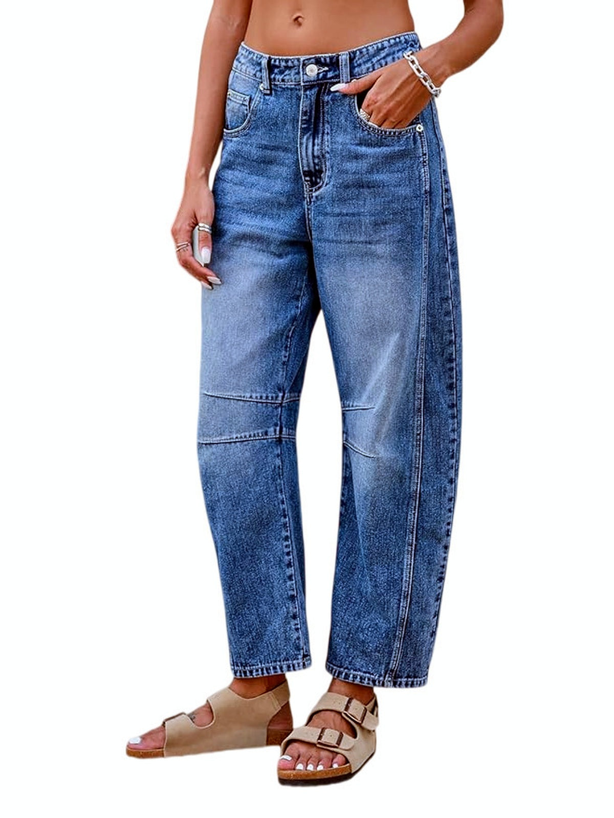 Women's Loose Straight Jeans, Casual Denim Pants with Blue and Leopard Print Options