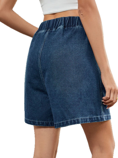 Women’s Elastic Waist Washed Denim Bermuda Shorts Loose Fit Summer Casual Jean Shorts with Pockets