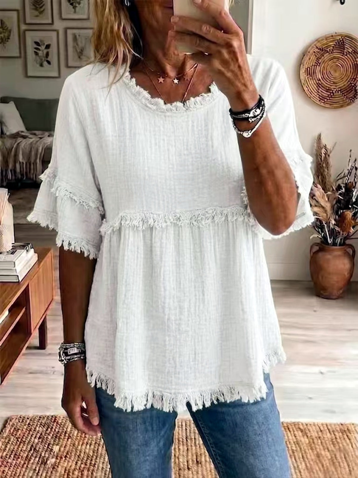 Women's Textured Fringe Short Sleeve Top, Round Neck Casual Summer Blouse