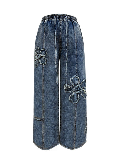 Women's High Waist Embroidered Wide Leg Jeans, Floor Length Streetwear Denim Pants
