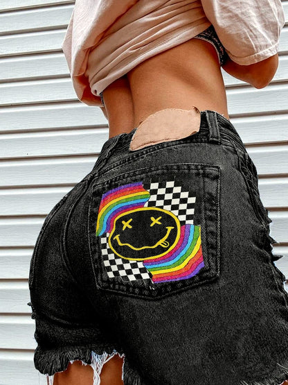 Women's Denim Printed Distressed Relaxed-Fit Mid-Rise Streetwear Shorts - product detail view 4