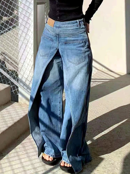 Women's Denim Patchwork Stretch High-Waist Wide-Leg Jeans - product detail view 5