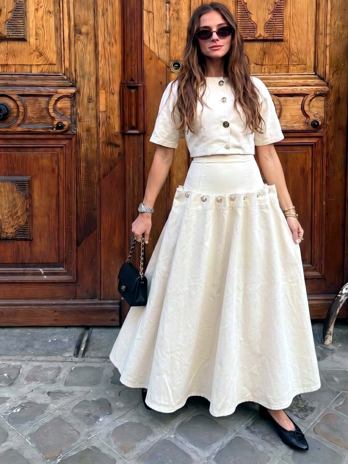 Women's Metal-Button Tie-Front Denim Top & Maxi Skirt Set - product detail view 4