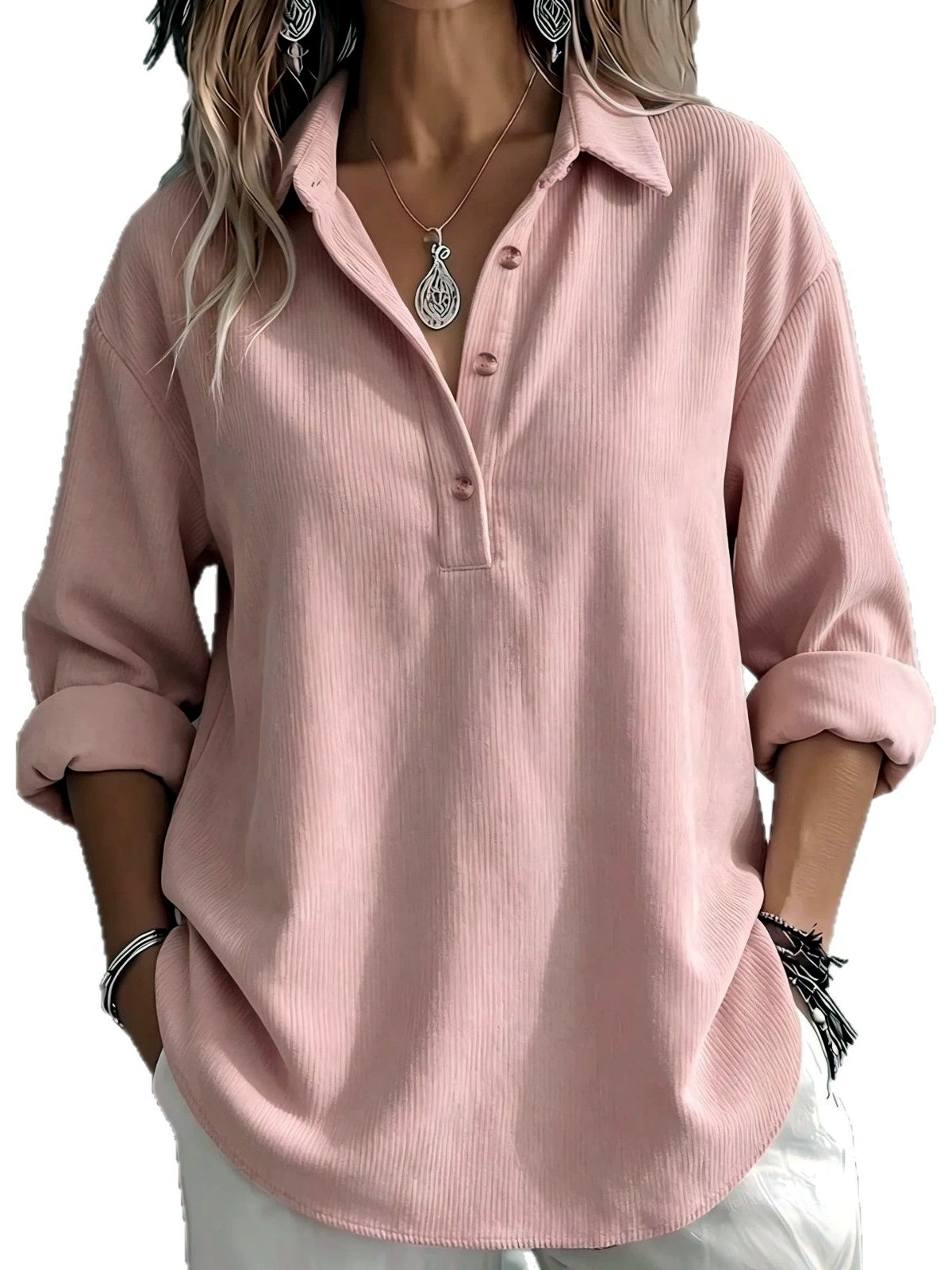Women's Corduroy Solid-Color Stretch Relaxed-Fit Point-Collar Long-Sleeve Shirt - product detail view 1