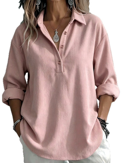 Women's Corduroy Solid-Color Stretch Relaxed-Fit Point-Collar Long-Sleeve Shirt - product detail view 1