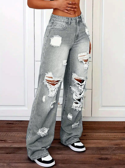 Women's Washed Denim Distressed High-Waist Straight-Leg Vintage-Inspired Jeans - product detail view 4