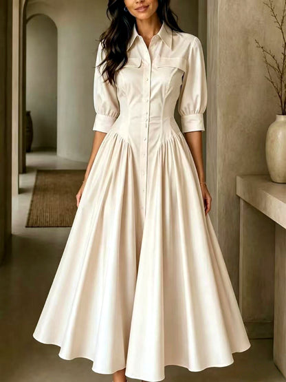 Linen-Blend Solid-Color Pocket High-Waist Dress in Apricot - product view