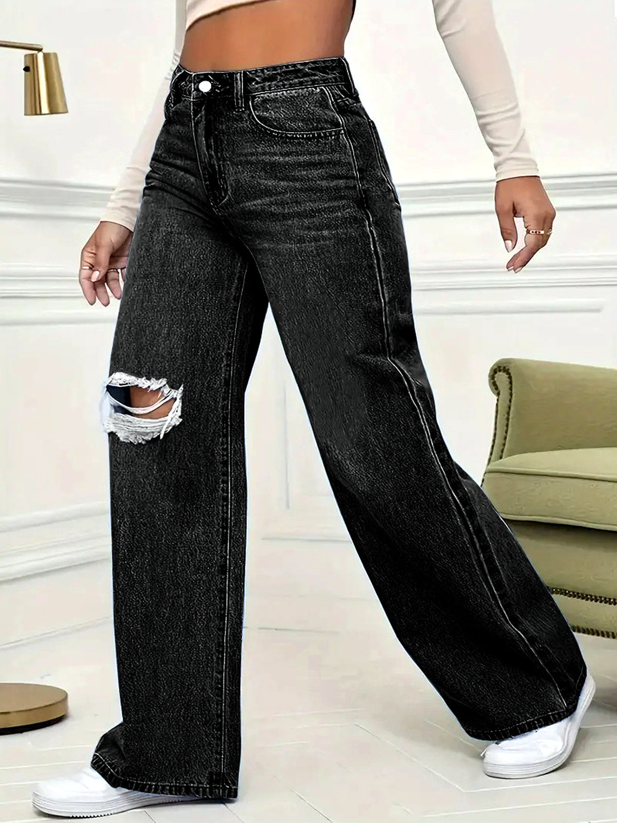 Women's Denim Printed Distressed High-Waist Wide-Leg Straight-Leg Jeans - product detail view 3