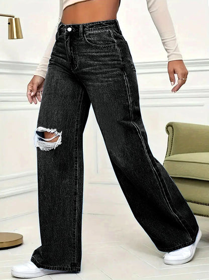 Women's Denim Printed Distressed High-Waist Wide-Leg Straight-Leg Jeans - product detail view 3