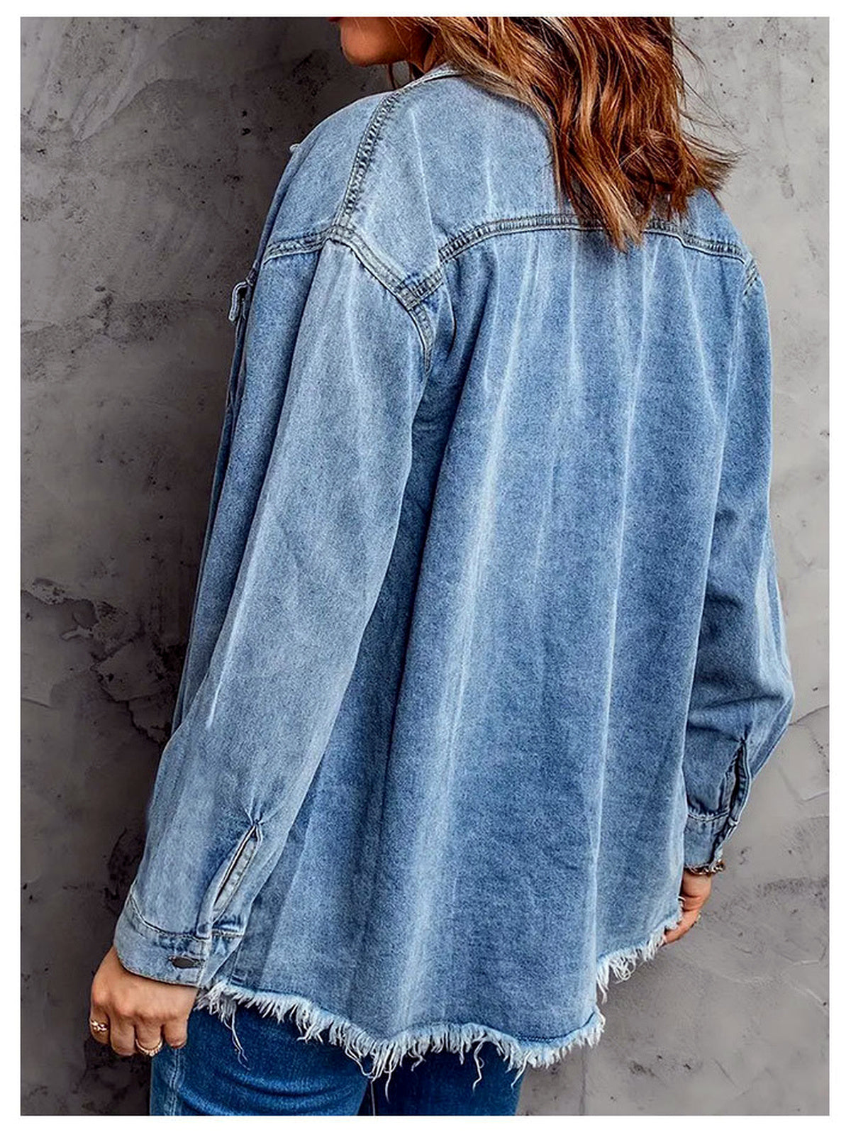 Women's Denim Raw-Hem Relaxed-Fit Slim-Fit Straight-Leg Long-Sleeve Polo Shirt - product detail view 4