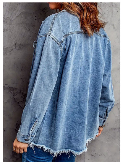 Women's Denim Raw-Hem Relaxed-Fit Slim-Fit Straight-Leg Long-Sleeve Polo Shirt - product detail view 4