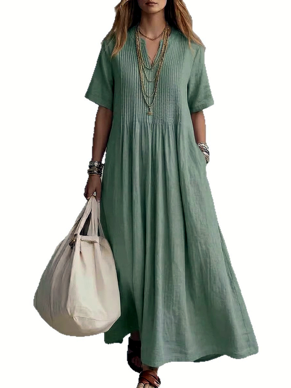 Women's Linen-Blend Solid-Color V-Neck Patchwork Relaxed-Fit Short-Sleeve Dress - product detail view 1