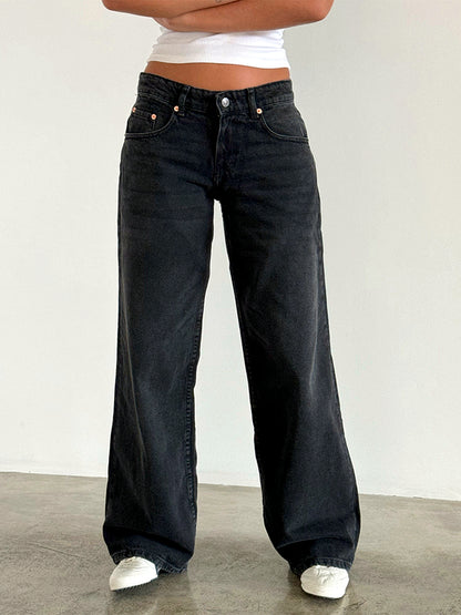 Women's Washed Denim Wide-Leg Vintage-Inspired Distressed Straight-Leg Jeans in 12176Charcoal - product view