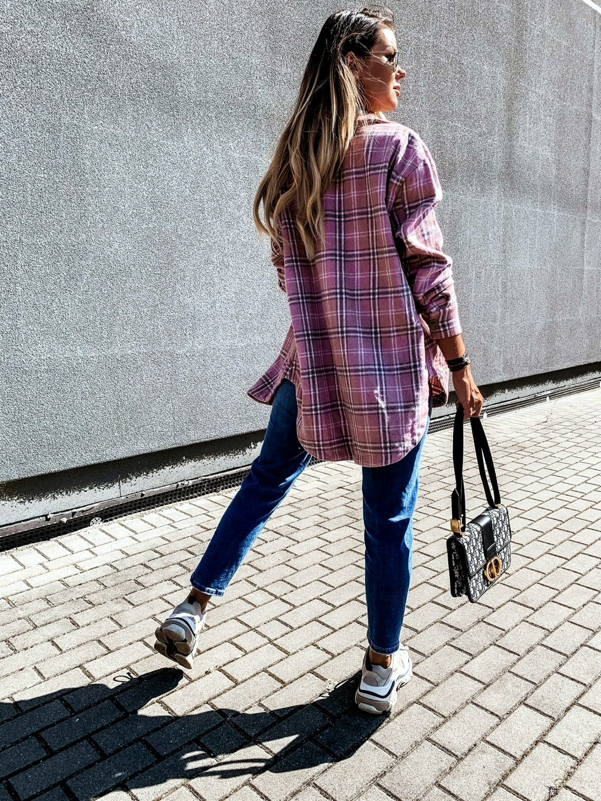 Women's Plaid Point-Collar Patchwork Relaxed-Fit Long-Sleeve Woven-Panel Cardigan - product detail view 3