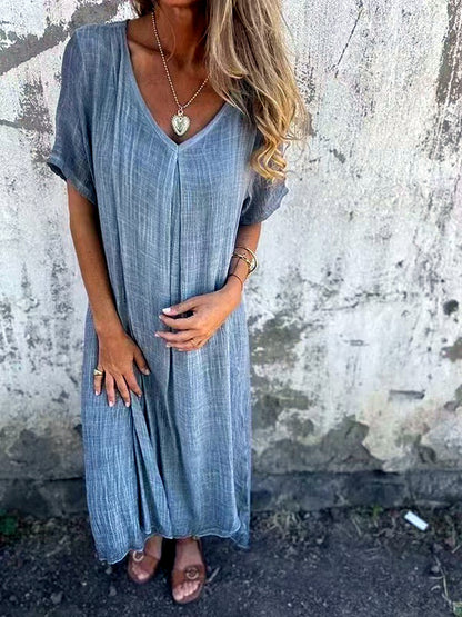 Patchwork Linen-Blend Solid-Color Relaxed-Fit Mid-Rise Short-Sleeve Dress in Gray - product view