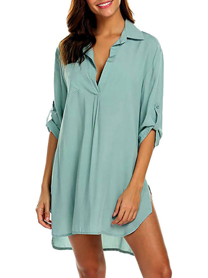 Women's Patchwork Solid-Color Relaxed-Fit Pocket Mid-Length Vacation Dress in Light Green - product view