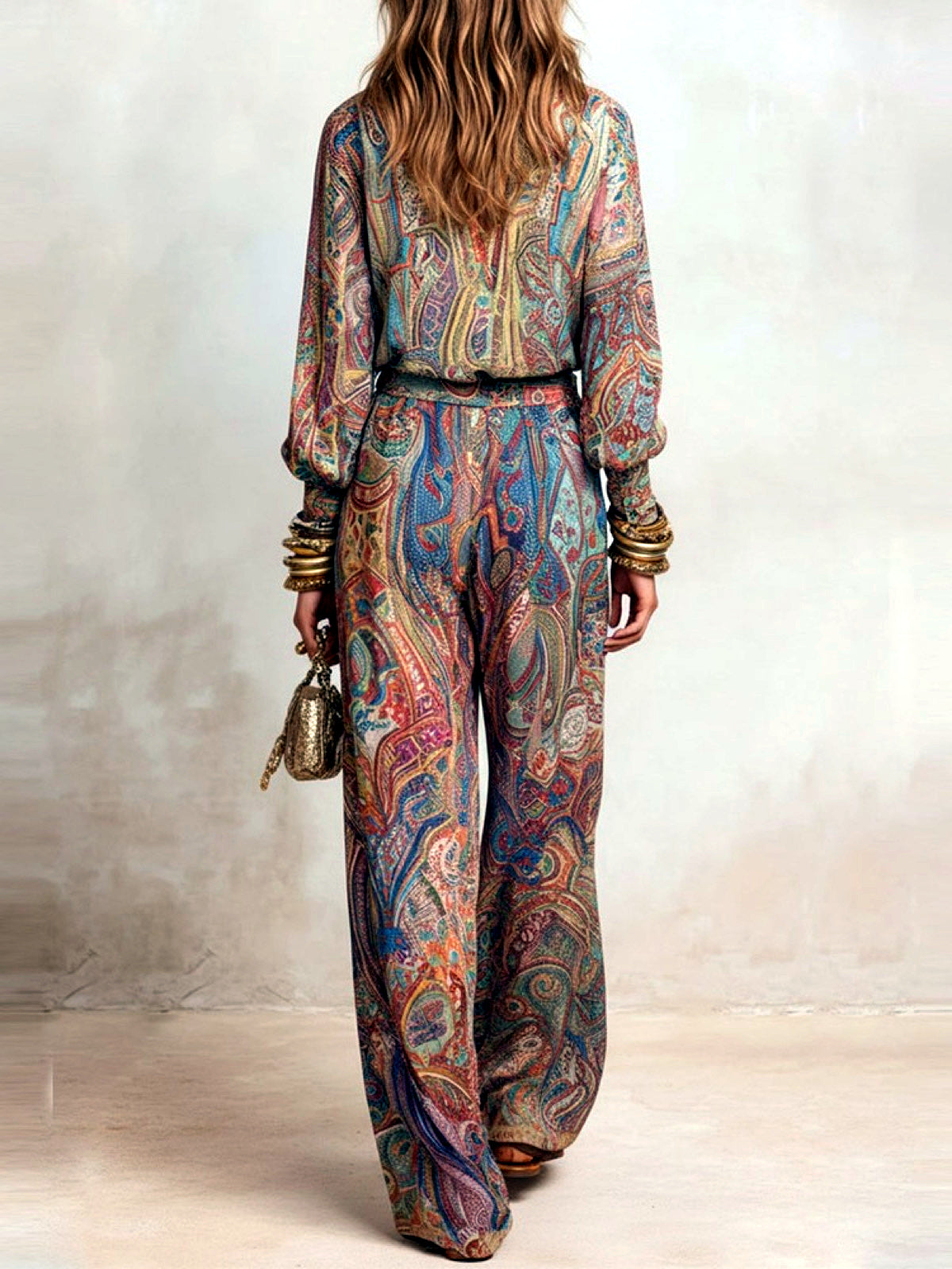 Women's V-Neck Long-Sleeve Wide-Leg Top & Pants Set - product detail view 3