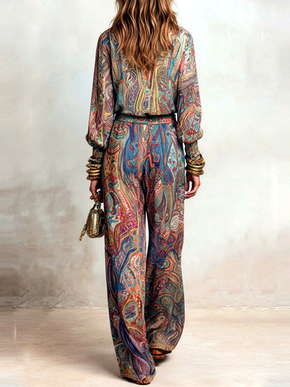 Women's V-Neck Long-Sleeve Wide-Leg Top & Pants Set - product detail view 3
