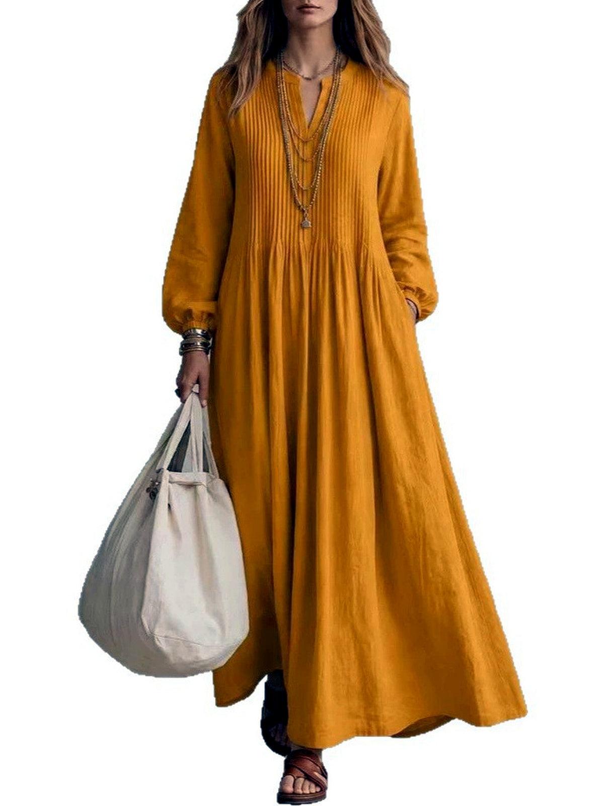 Women's Linen-Blend Solid-Color V-Neck Patchwork Relaxed-Fit Long-Sleeve Dress - product detail view 1