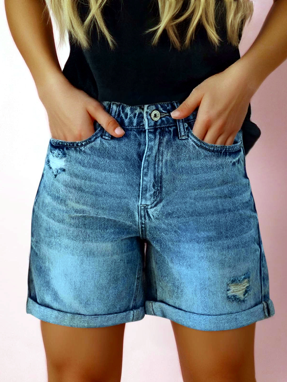 Women's Denim Distressed High-Waist Straight-Leg Office Shorts in Dark Blue - product view