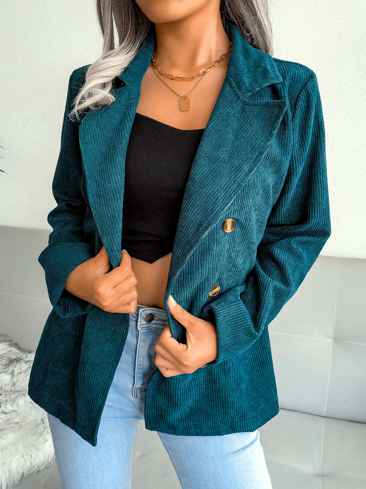 Women's Corduroy Plaid Slim-Fit Point-Collar Long-Sleeve Streetwear Blazer - product detail view 3