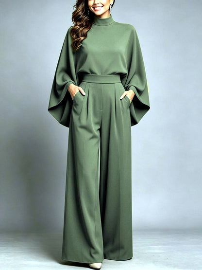 Relaxed-Fit Long-Sleeve Wide-Leg Top & Pants Set in Green - product view