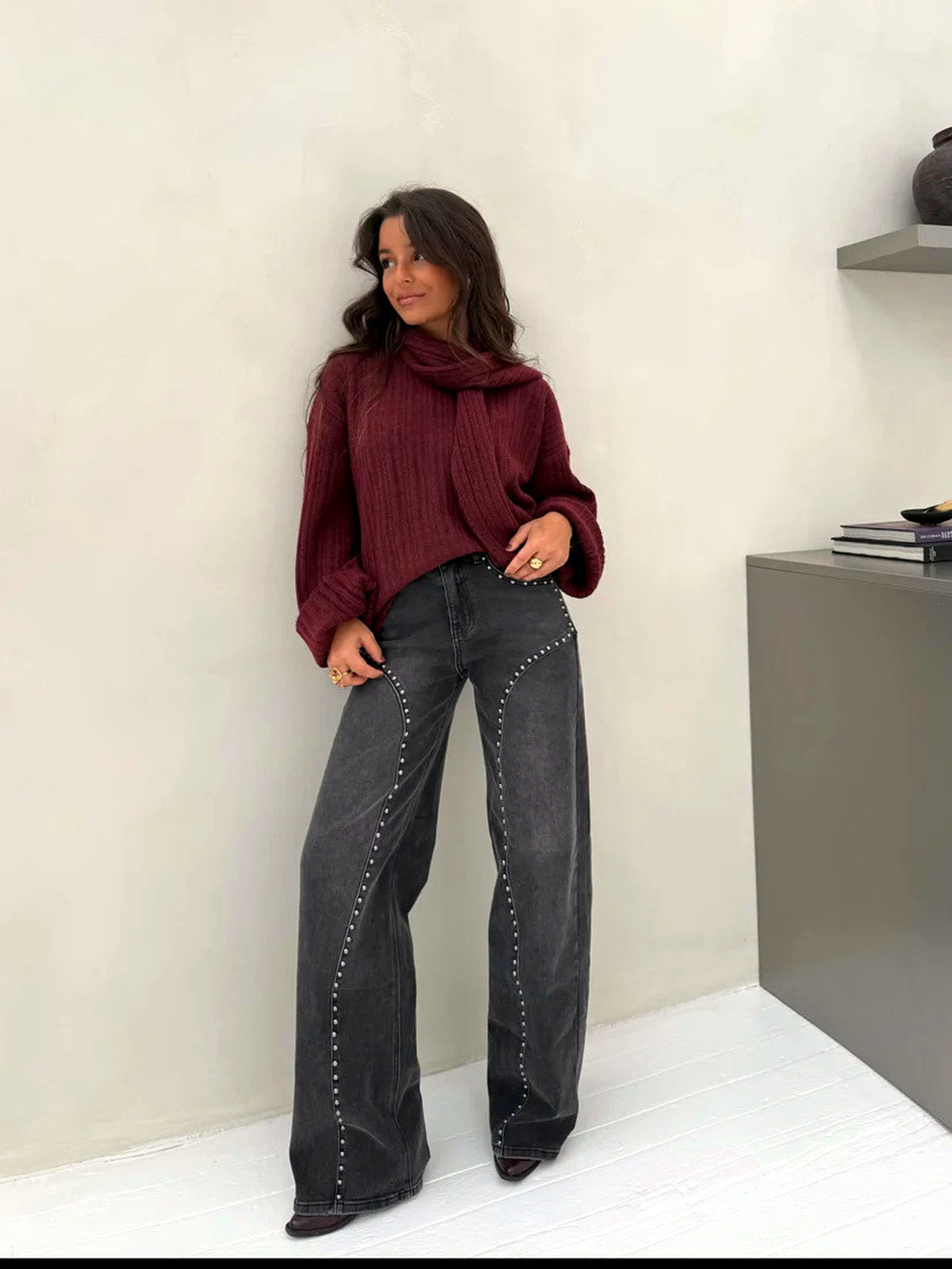 Women's Denim Knit High-Waist Straight-Leg Streetwear Pants - product detail view 4