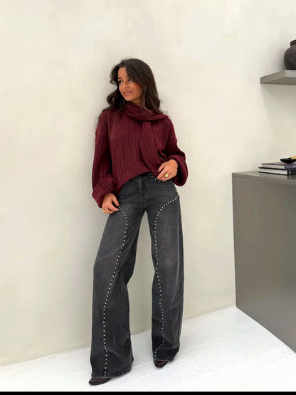 Women's Denim Knit High-Waist Straight-Leg Streetwear Pants - product detail view 4