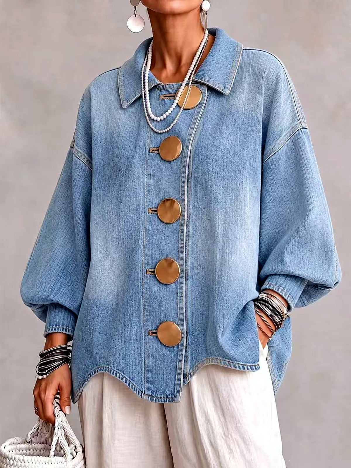 Women's Denim Point-Collar Button-Front Washed Jacket in Light Blue - product view