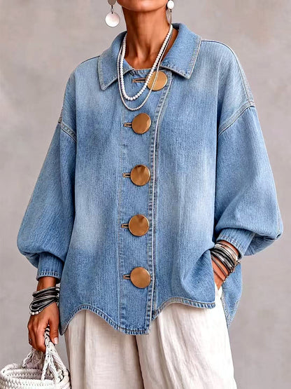 Women's Denim Point-Collar Button-Front Washed Jacket in Light Blue - product view