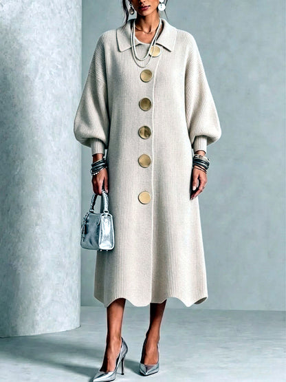 Women's Knit Solid-Color Polo-Collar Statement-Button Patchwork Dress in Beige - product view