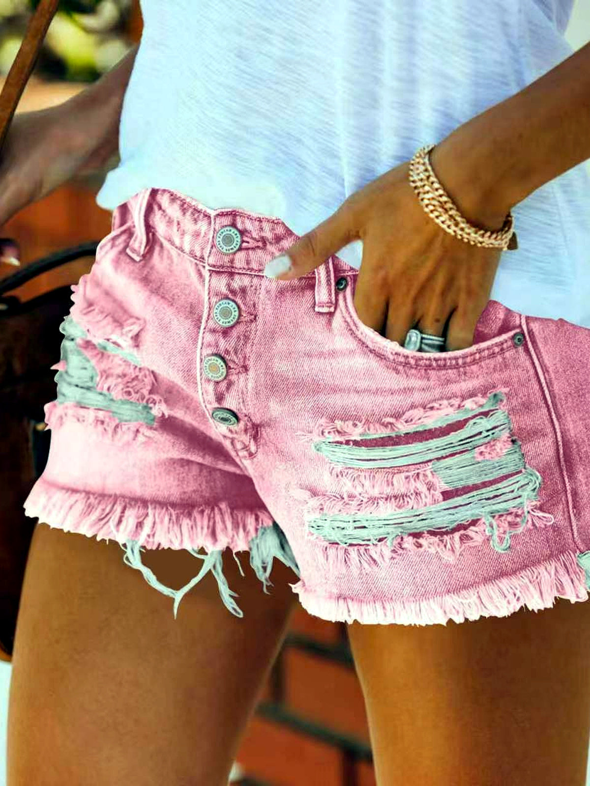 Women's Washed Denim Distressed Relaxed-Fit Mid-Rise Straight-Leg Shorts in Red - product view