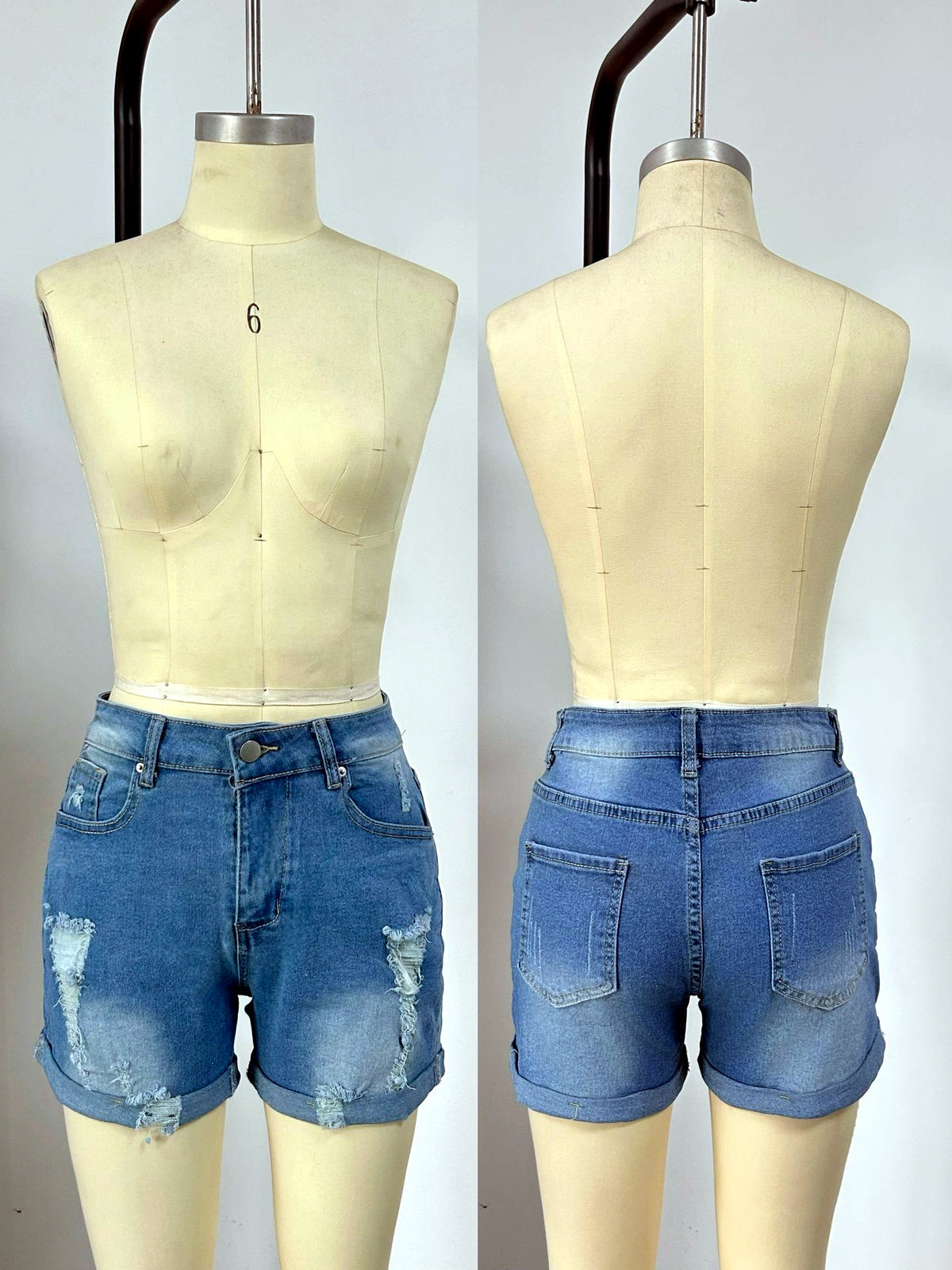 Women's Washed Denim Distressed Stretch Mid-Rise Straight-Leg Shorts - product detail view 3
